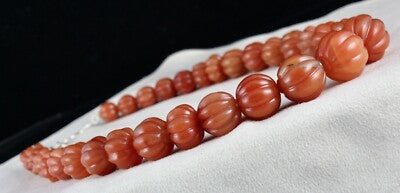 Natural Orange Quartz 960ct Carved Melon Beaded Necklace Sterling Silver Clasp