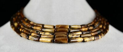 Natural Tiger's Eye 514ct Tube Fancy Beads 5 Line Fashion Gemstone Necklace