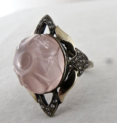 Antique Rose Quartz 62ct Natural Diamond Carved 18k Gold Sterling Silver Ring