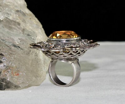 Certified Natural Yellow Citrine 10ct Diamond 18k Gold Ring In Sterling Silver