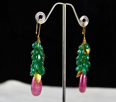 Certified Natural Zambian Emerald 10ct Burmese Ruby Teardrop 18k Gold Earrings