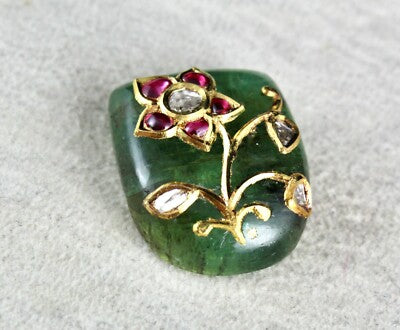 Certified Natural Emerald Cabochon 59ct Natural Diamond Ruby 22k Gold Gemstone