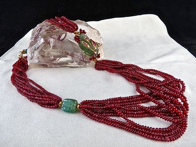 Certified Antique Zambian Emerald 615ct Ruby Natural Diamond 22k Gold Necklace