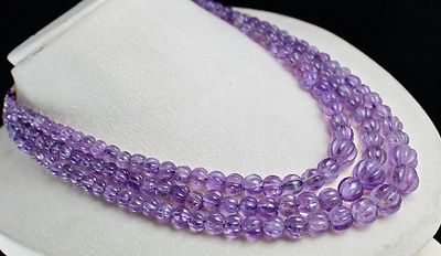 Natural Amethyst 569ct Carved Melon 3 Line Ladies Beads Necklace
