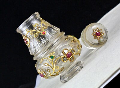 Certified Natural Rock Crystal Emerald Ruby Carat 18k Gold Diamond Jadau Bottle