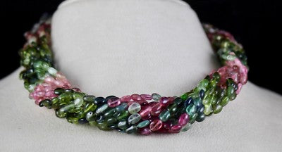 Certified Natural Multi Tourmaline 650ct Beads Cabochon Sterling Silver Necklace