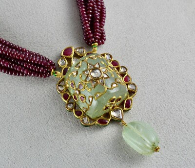 Certified Natural Emerald 10ct Ruby Beads 18k Gold Diamond Jadau Necklace