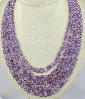 Vintage Natural Amethyst 755 Ct Melon Carved Beads Purple Gemstone Necklace