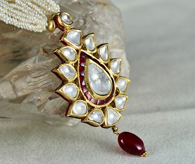 Certified Flat Big Natural Diamond 10ct Spinel Pearl 22k Gold Jadau Necklace