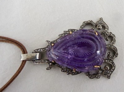 Certified Antique Old Amethyst 139ct Natural Diamond Victorian Pendant 18k Gold