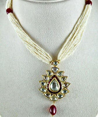 Certified Flat Big Natural Diamond 10ct Spinel Pearl 22k Gold Jadau Necklace
