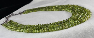 Certified Antique Natural Peridot Carved Beaded Necklace 716 Ct Sterling Silver