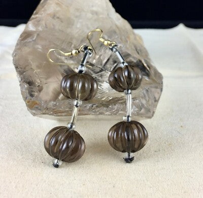 Natural Smoky Quartz Beads 62 Ct Melon Carved 4 Pcs Gemstone Earring Pair
