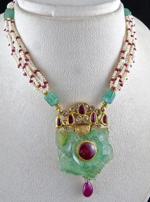 Certified Natural Colombian Emerald 10ct Ruby Diamond 18k Gold Pearl Pendant