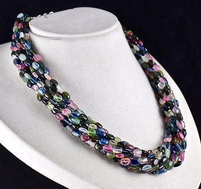 Certified Natural Multi Tourmaline Cabochon Beads Silver Necklace 985 Ct