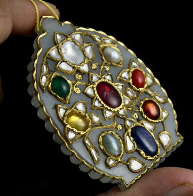 Certified Old Nephrite Jade 10ct Navratan Stone Natural Diamond 22k Gold Pendant