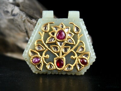 Antique Natural Nephrite Jade 140ct Diamond Rubies 22k Gold Two Side Pendant