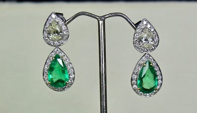 Certified Natural Zambia Emerald 54ct Natural Diamond Pear Cut 18k Gold Earrings