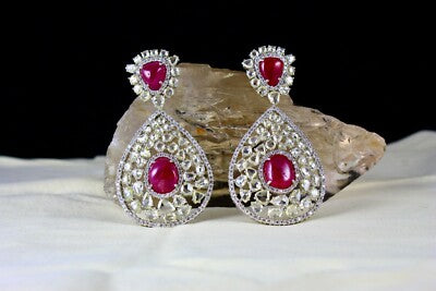 Certified Burma Ruby 200ct Natural Rose Cut Diamond 18k Gold Cocktail Earrings