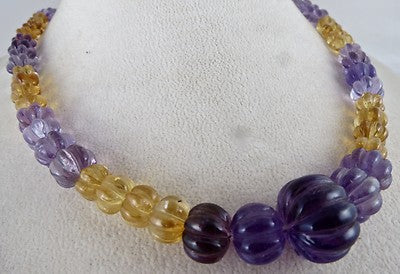 Natural Multi Amethyst 325 Ct Citrine Carved Melon Beads Gemstone Necklace