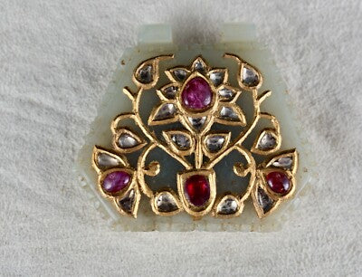 Antique Natural Nephrite Jade 140ct Diamond Rubies 22k Gold Two Side Pendant