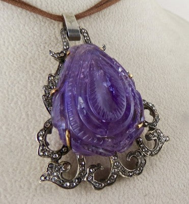 Certified Antique Old Amethyst 139ct Natural Diamond Victorian Pendant 18k Gold