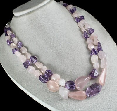 Natural Amethyst 908ct Rose Quartz Polished Rough Gemstone Beads Necklace