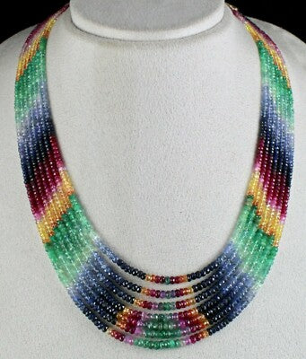 Certified Rainbow Emerald, Ruby, Sapphire 828ct 7-line Gemstone Necklace