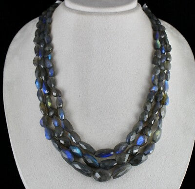 Natural Black Labradorite 688 Ct Faceted Tumble 3 Line Gemstone Beads Necklace
