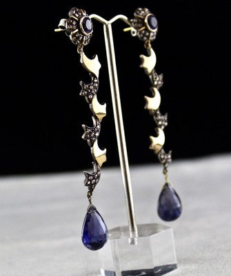 Natural Blue Iolite 10+ Ct Natural Diamond 18k Gold Sterling Silver Earrings