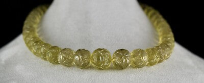 Certified Lemon Quartz 674 Ct Engraved Gemstone Vintage Beaded Necklace