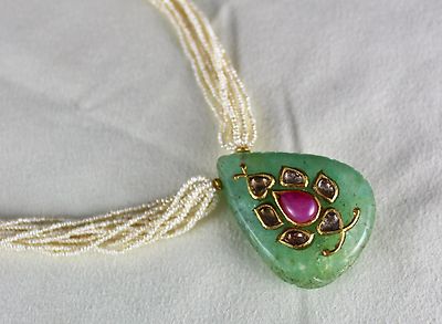 Certified Antique Natural Emerald 10ct Ruby Diamond Pearl 18k Gold Necklace