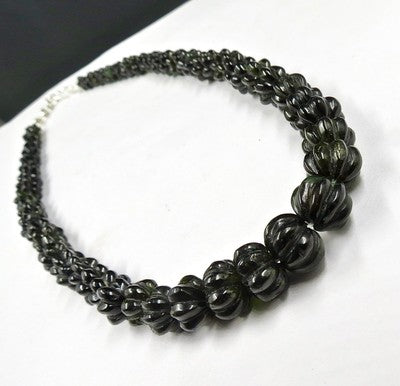 Certified Natural Black Tourmaline 285 Ct Melon Beads Sterling Silver Necklace
