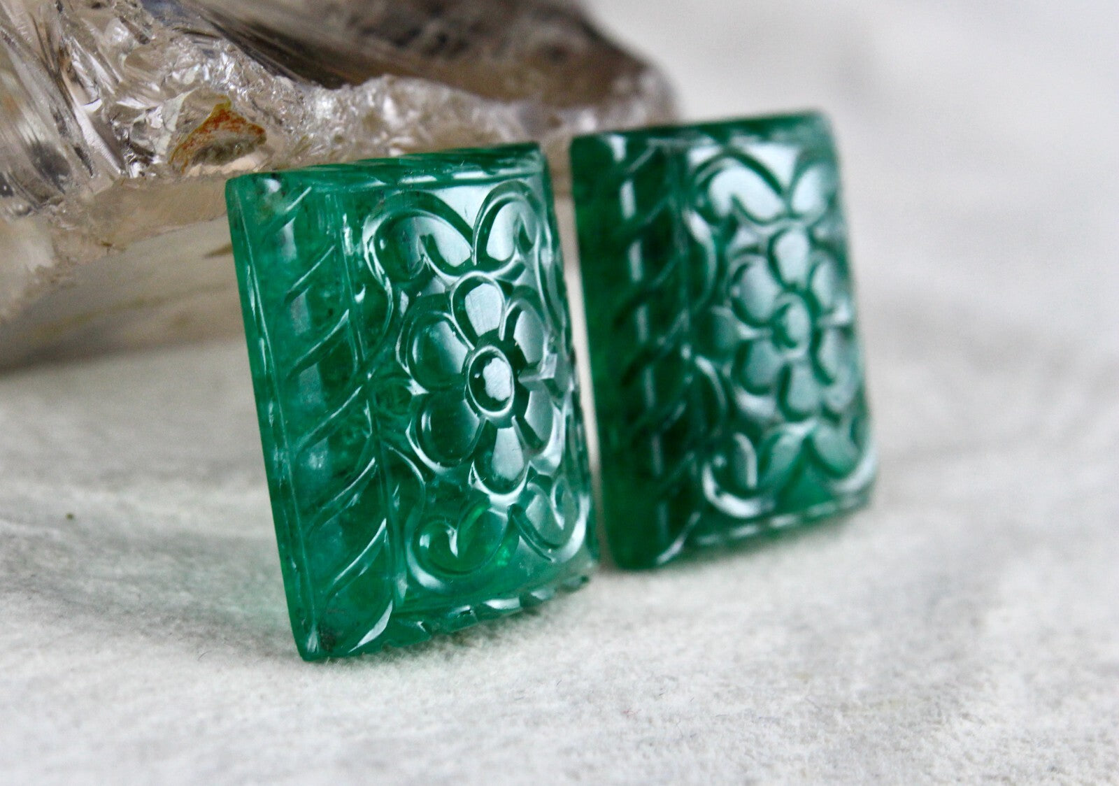 Certified Natural Emerald Mughal Carved 20x18mm 65.45ct Gemstone Earrings Pair