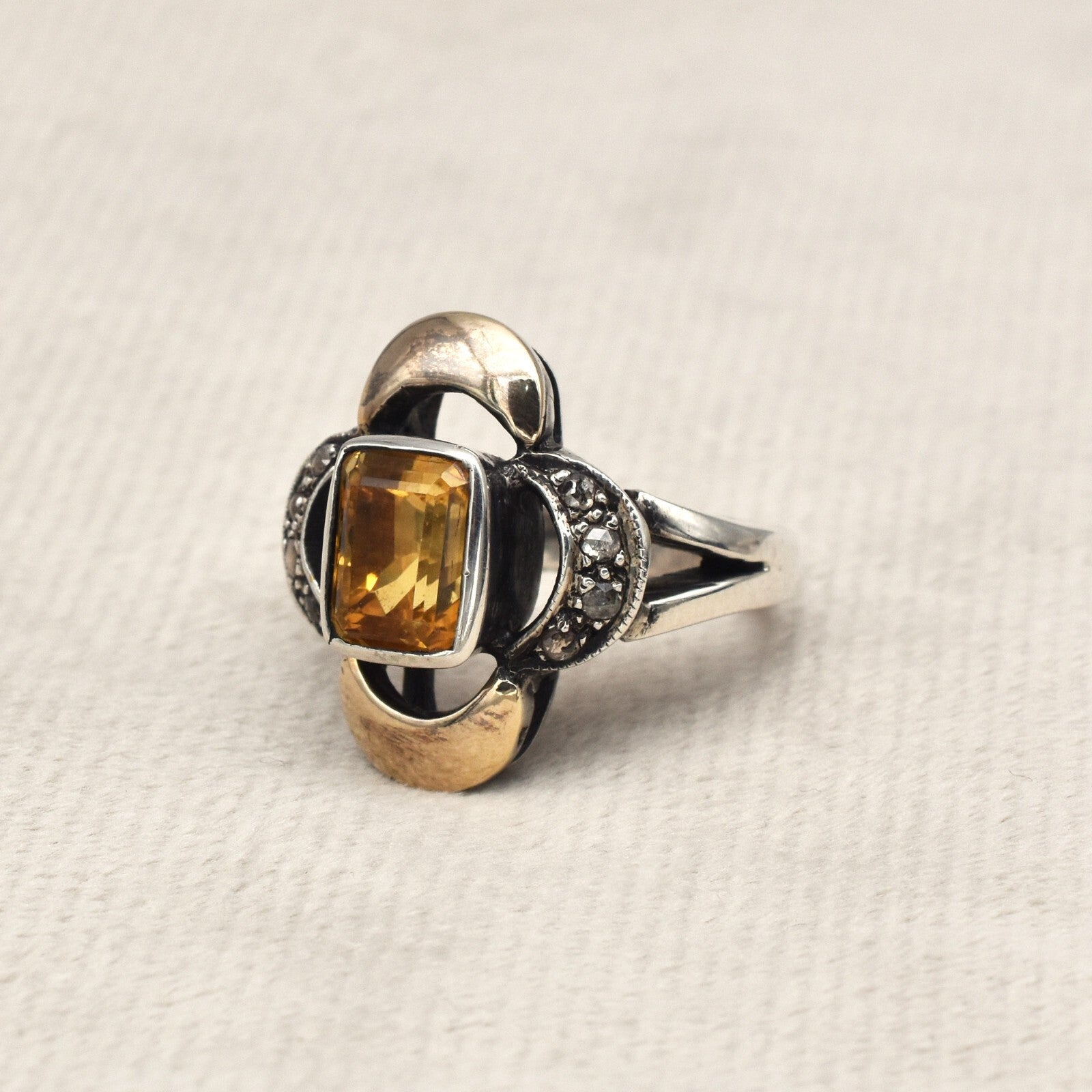Antique Yellow Citrine 47ct Natural Diamond 18k Gold 925 Sterling Silver Ring
