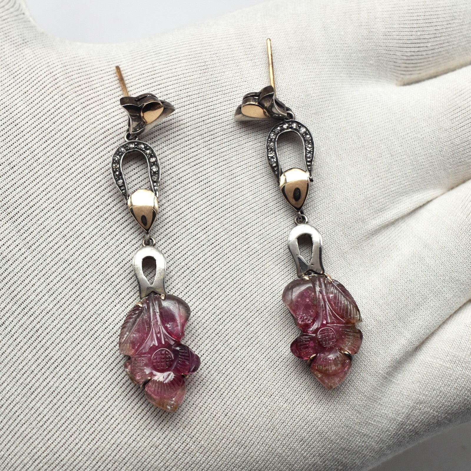 Natural Tourmaline 10ct Carved Natural Diamond 18k Gold Sterling Silver Earrings