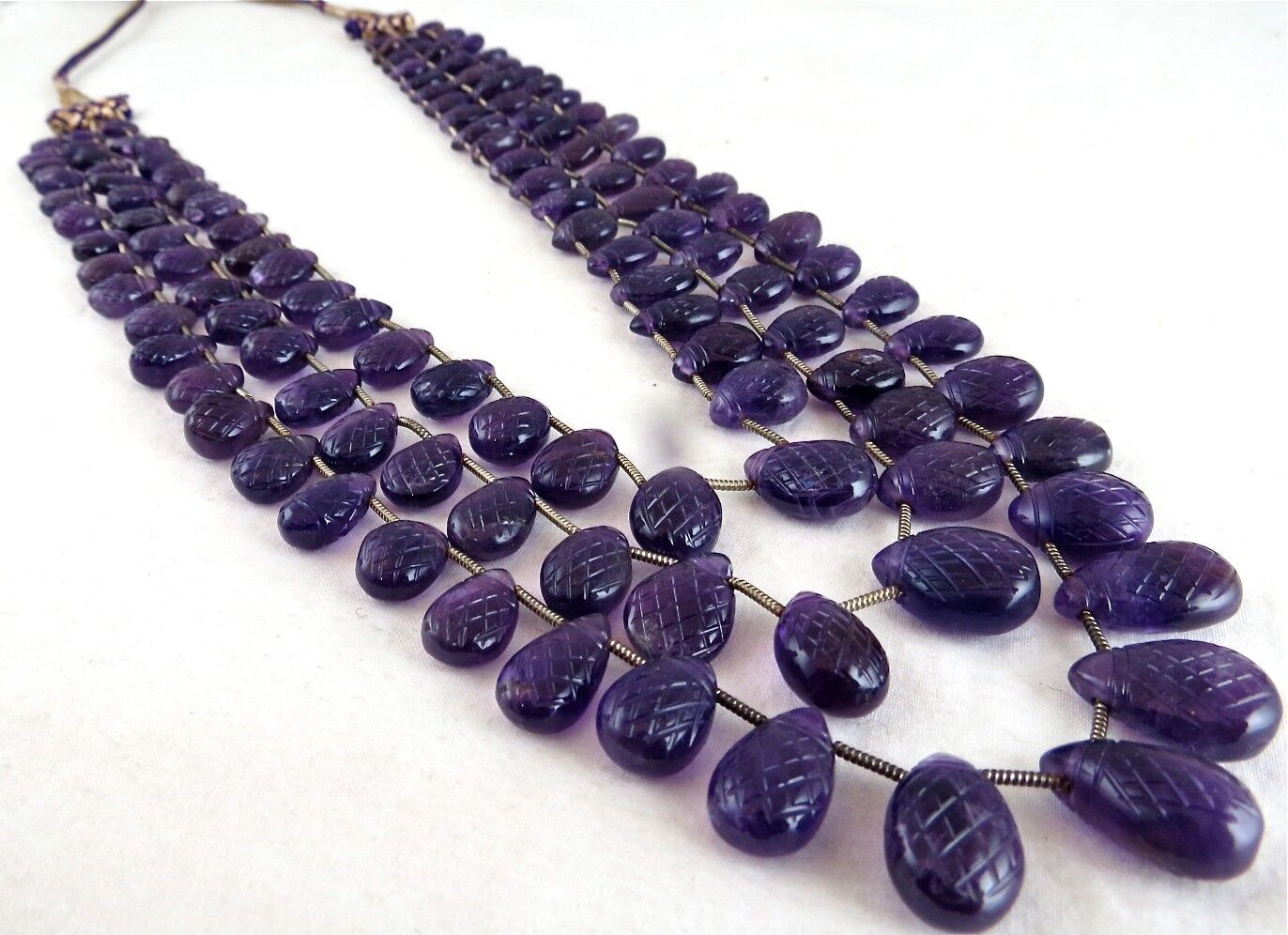 Natural Amethyst Carved Teardrop 3 L 403 Ct Purple Gemstone Vintage Necklace