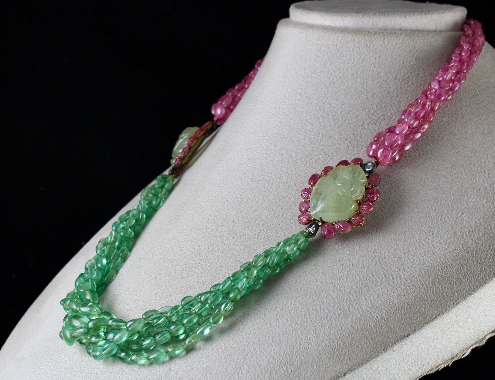 NATURAL COLOMBIAN EMERALD PINK SAPPHIRE BEADS CARVED GEMSTONE 18K GOLD NECKLACE