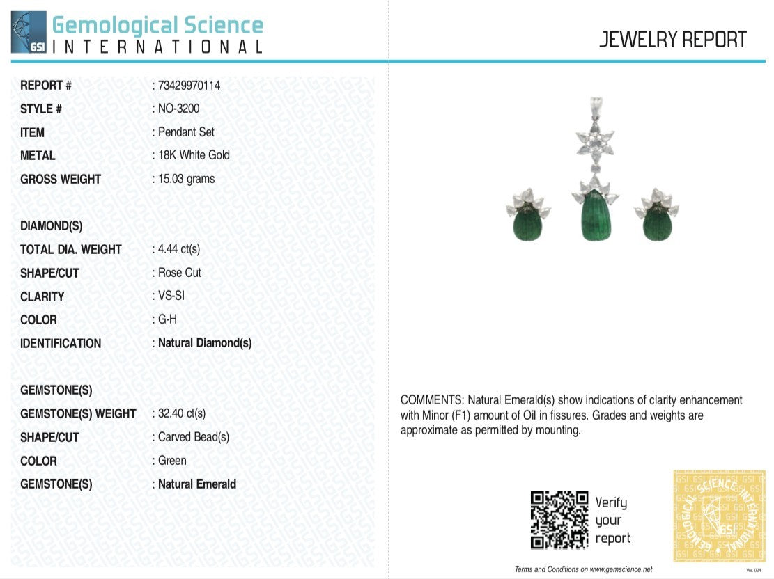 Certified Natural Emerald 10ct & Diamond Rose Cut Pendant Earring 18k Gold Set