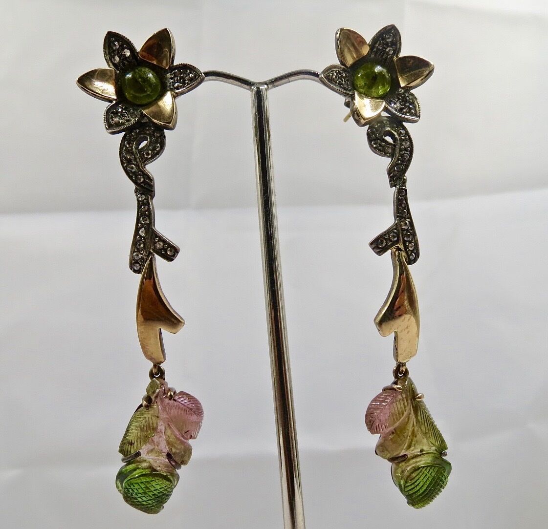 Natural Multi Tourmaline Carved Diamond 18 K Gold  925 Silver Victorian Earring