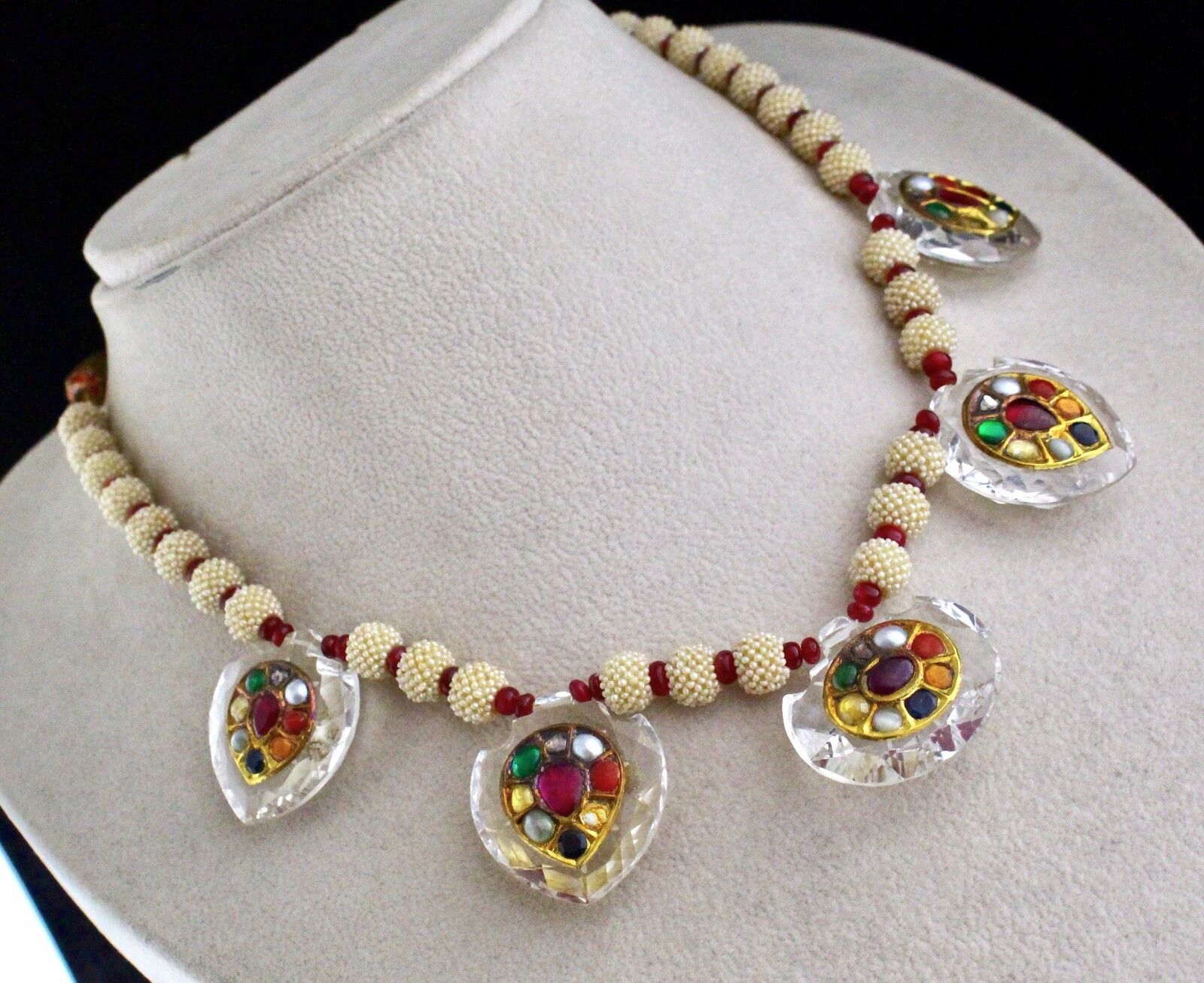 NATURAL ROCK CRYSTAL NAVRATAN 22K GOLD JADAU PEARL SPINEL BEADS NECKLACE