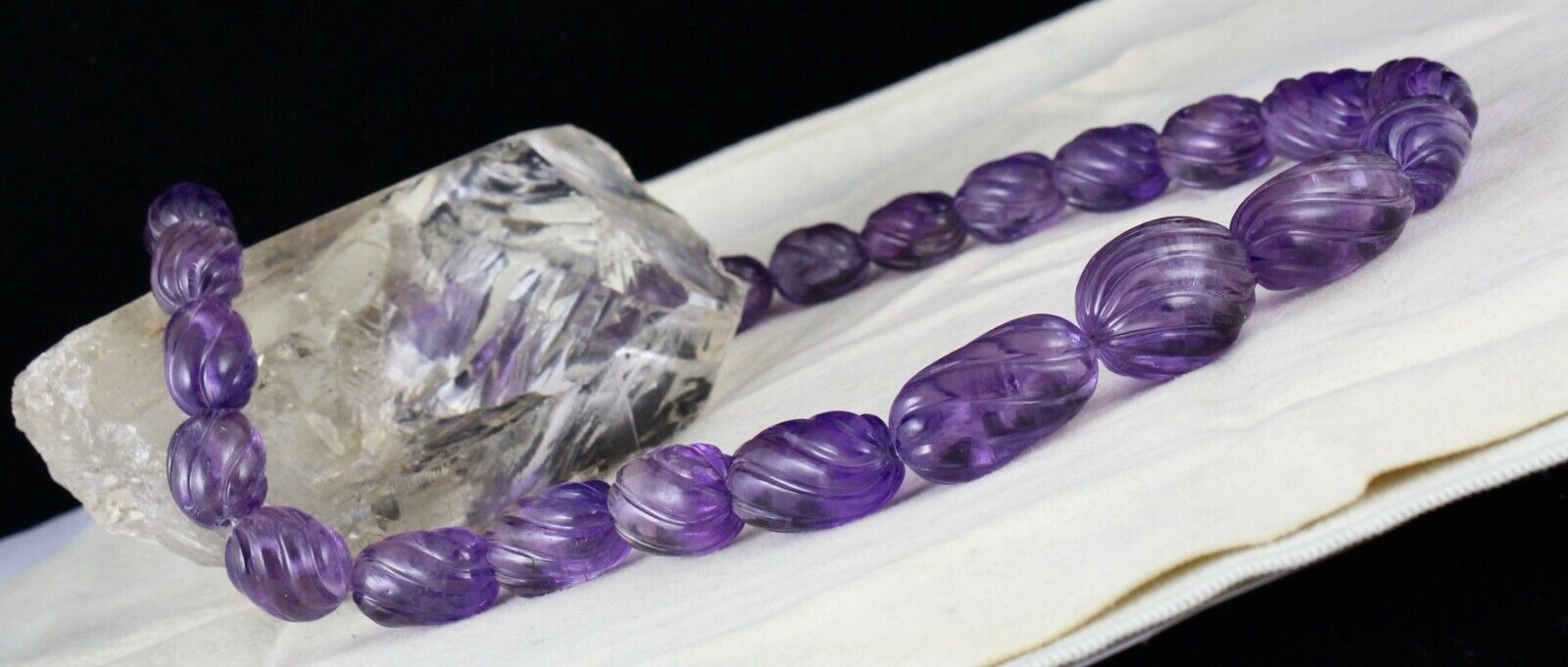 Natural Amethyst Beads Carved Oval Melon 737 Ct Gemstone Silver Vintage Necklace