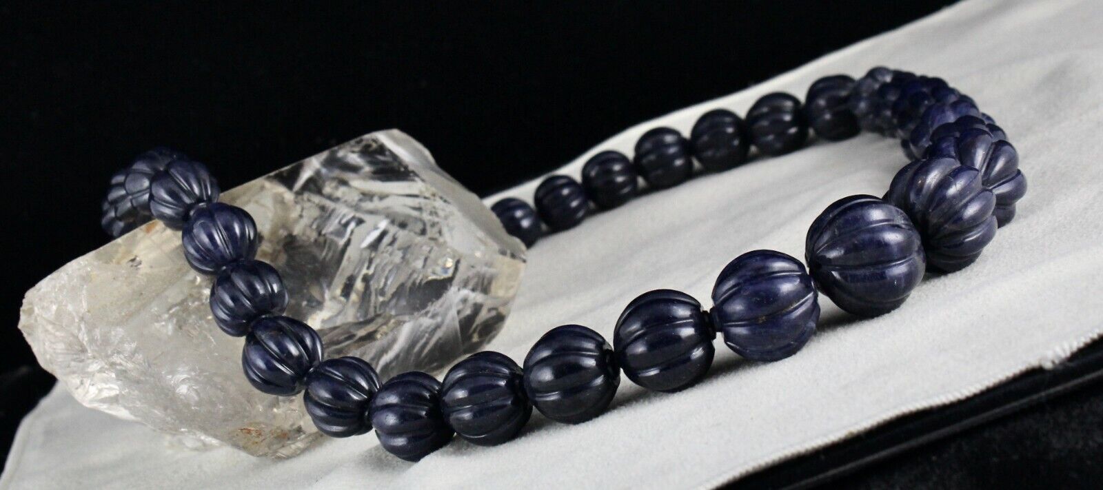 NATURAL BLUE JADE BEADS CARVED ROUND GEMSTONE 1 LINE 1001 CARATS SILVER NECKLACE