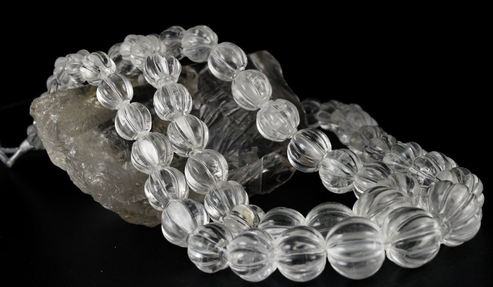 Natural Rock Crystal Quartz 1407 Ct Carved Melon Beads Gemstone Necklace