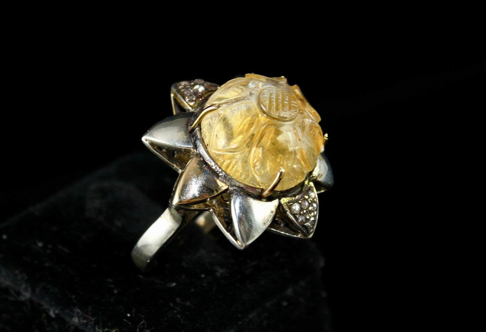 Antique Yellow Citrine 68ct Natural Diamond 18k Gold 925 Sterling Silver Ring