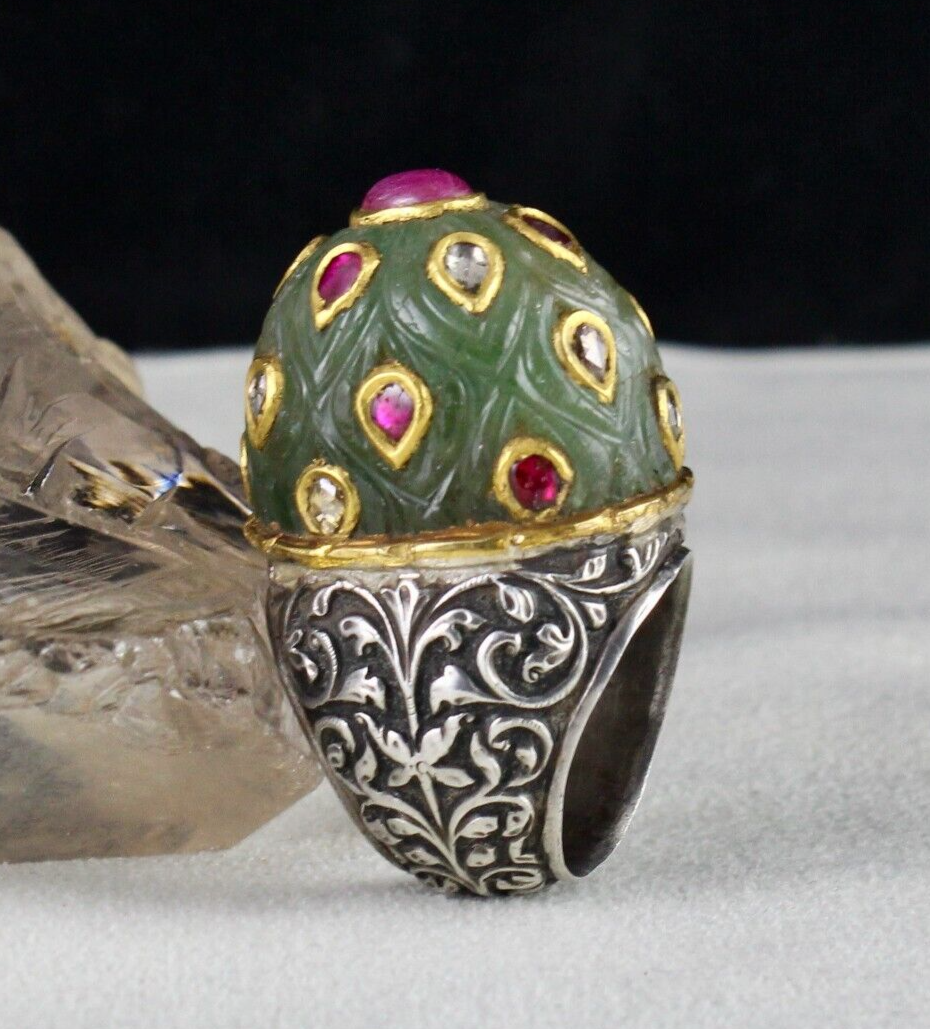 ANTIQUE COLOMBIAN EMERALD CARVED RUBY DIAMOND GOLD JADAU LADIES 925 SILVER RING