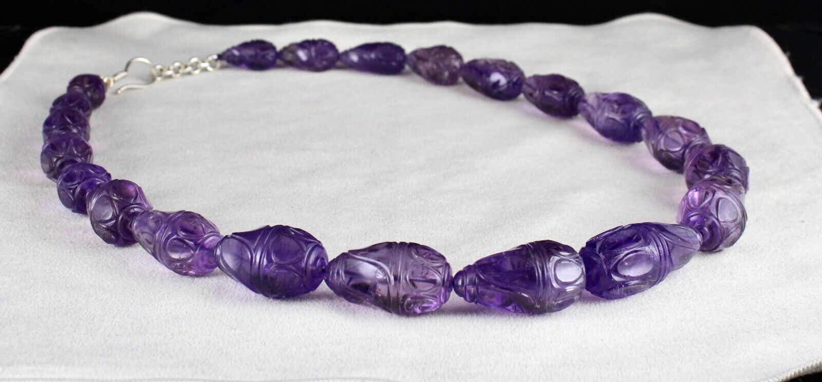 Vintage Natural Amethyst Beads Engraved Drop 965 Ct Purple Stone Silver Necklace