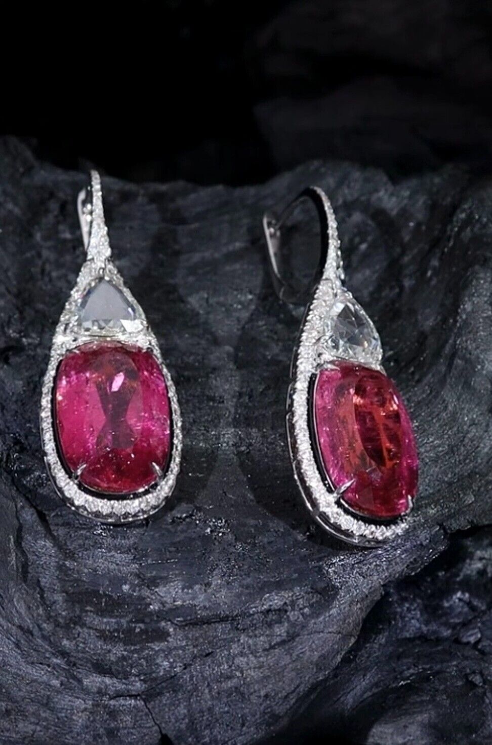 Natural Rubellite Pink Tourmaline Cushion Rosecut Diamond 18K Gold Fine Earring