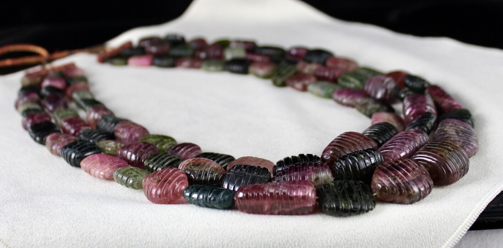 NATURAL MULTI TOURMALINE BEADS CARVED TUMBLE 3 LINE 1942 CTS GEMSTONE NECKLACE