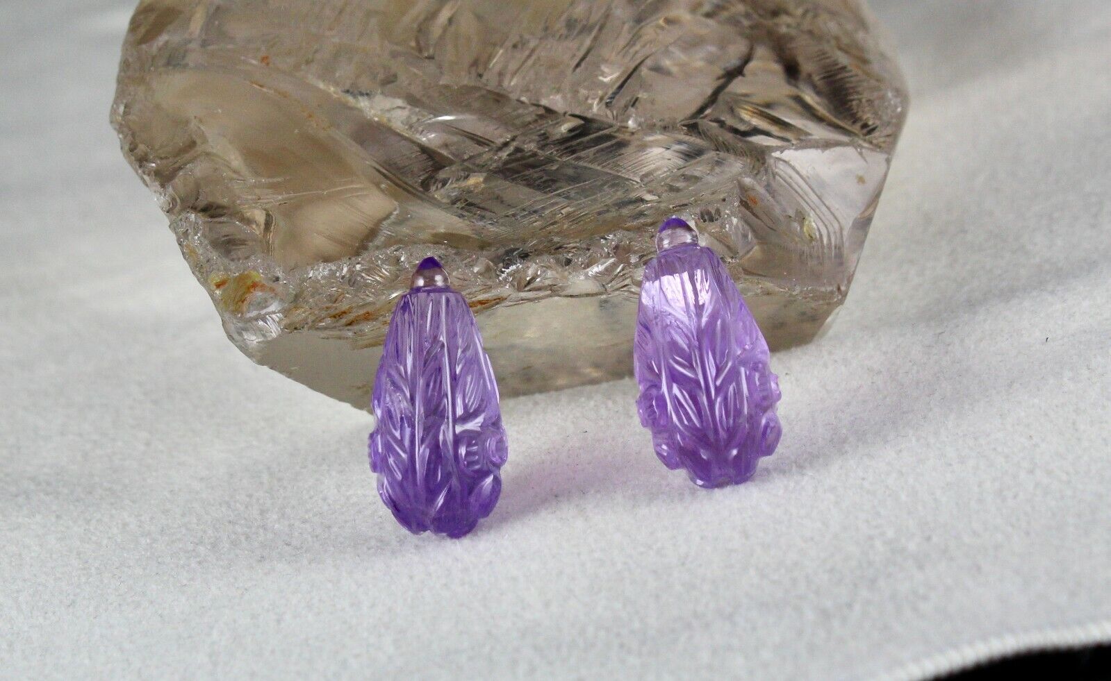 NATURAL AMETHYST CARVED DROPS PAIR 2 PCS 53.80 CARATS GEMSTONE EARRING DESIGNING